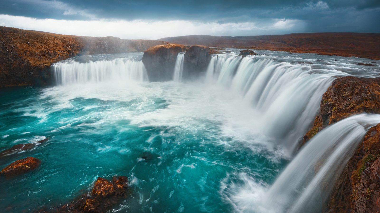 long exposure image of godafoss waterfall iceland