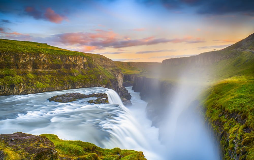 A summer sunset at Gullfoss waterfall in South Iceland.