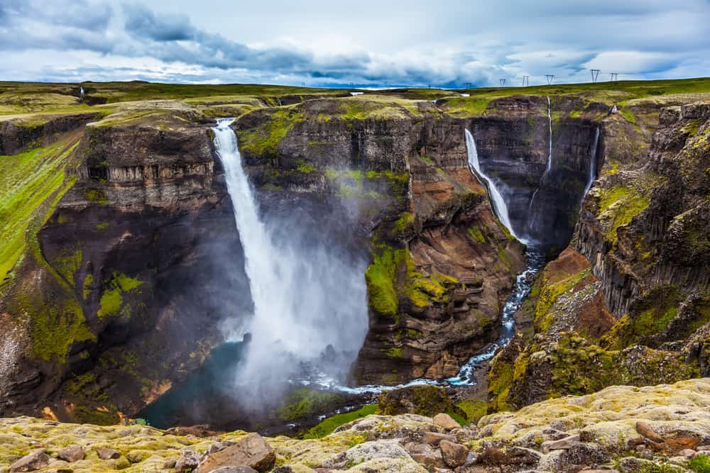 View from edge of gorge of Haifoss and Granni waterfalls in South Iceland.