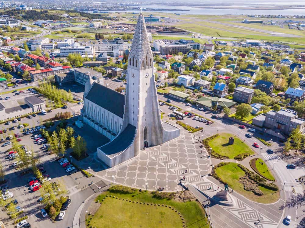 above view of a large church in downtown reykjavik in iceland on a sunny day