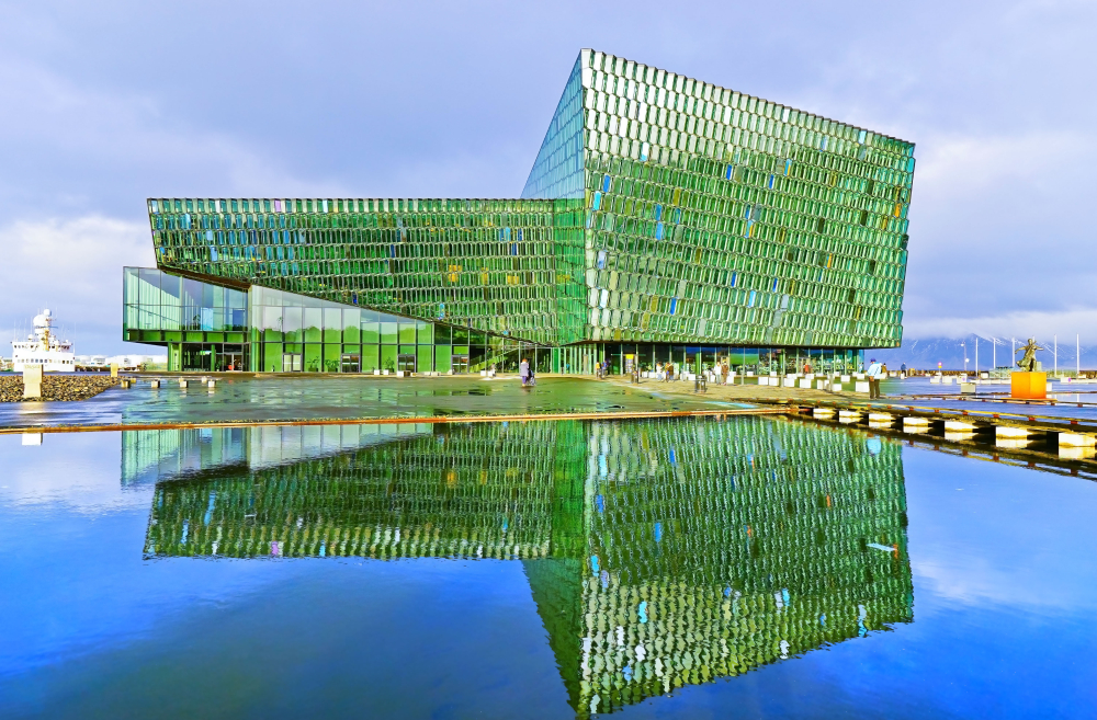 reflection of Harpa Concert Hall in Reykjavik Iceland