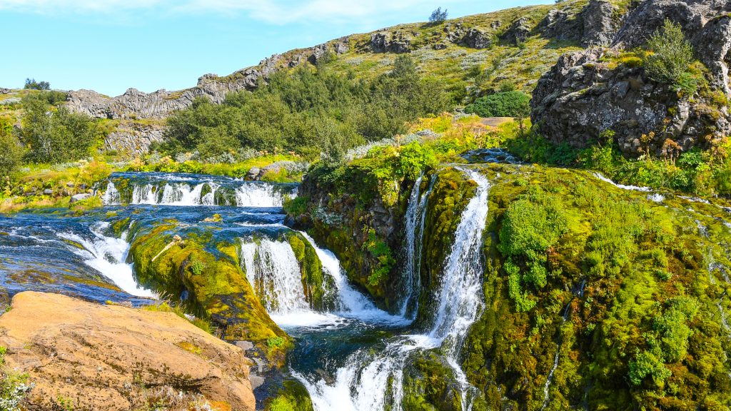 waterfall flowing through greenery best things to do in Iceland