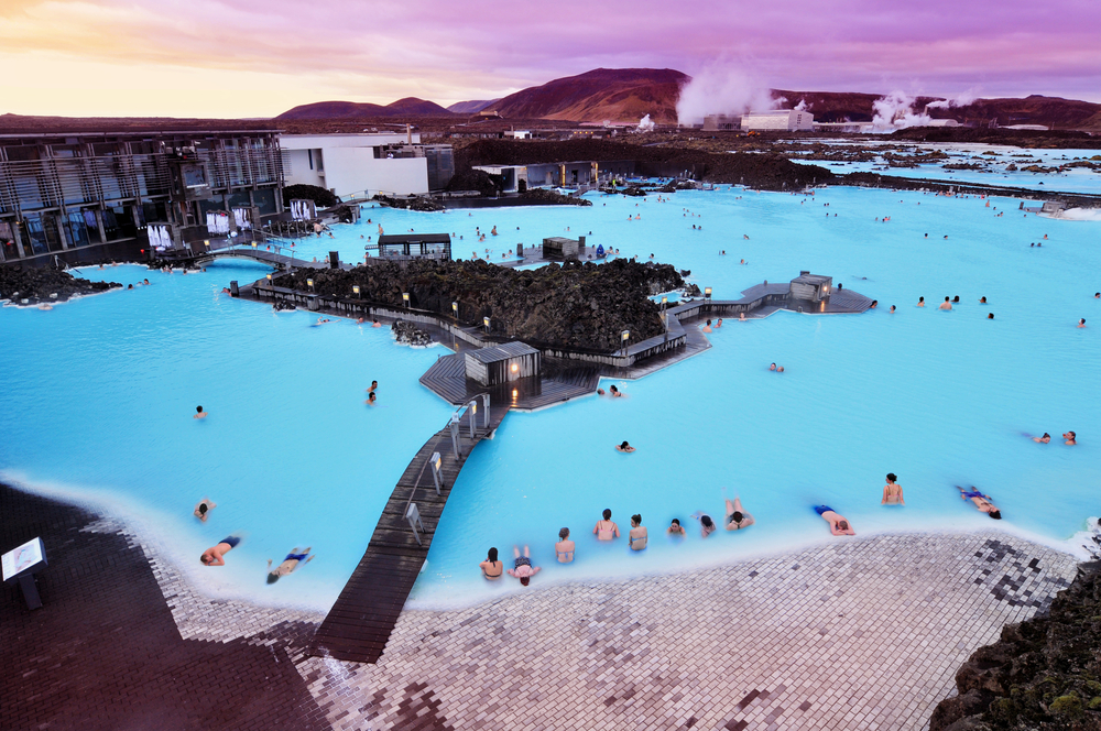 Aerial view of people bathing at the Blue Lagoon Iceland
