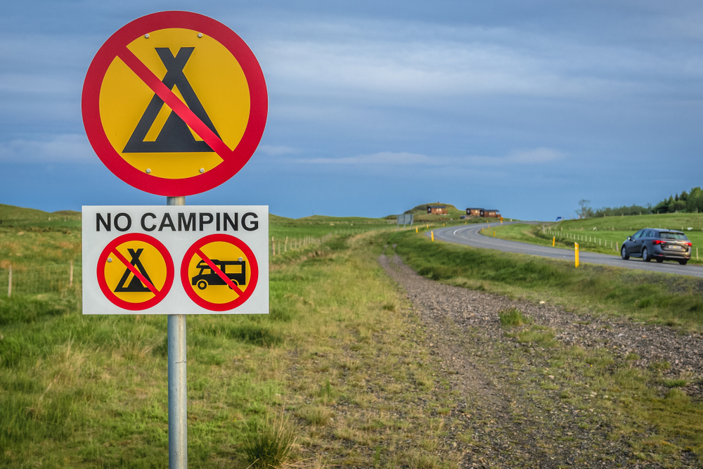 Road sign for NO camping in Iceland.