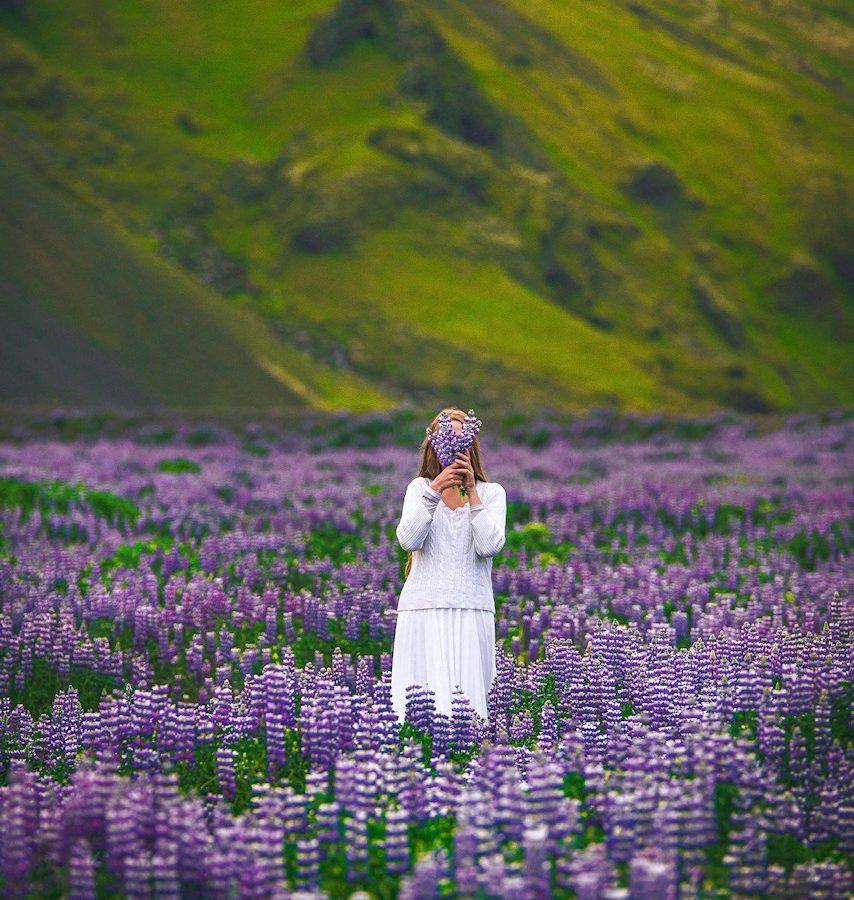 girl holding flowers on the side of the road for her iceland itinerary