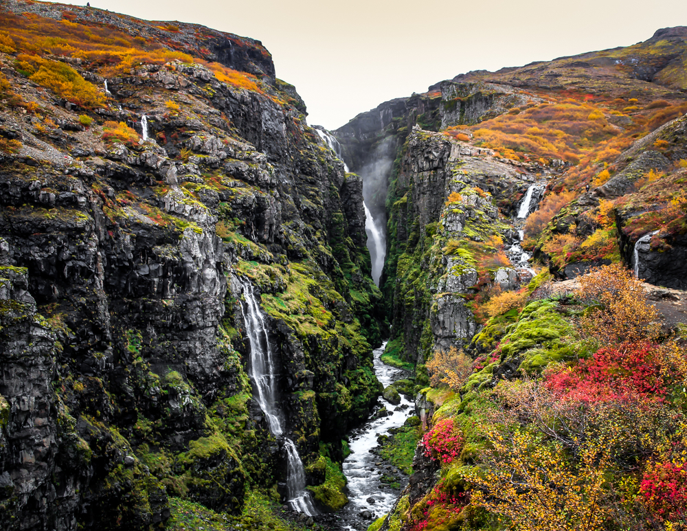 fall colors at Glymur Waterfall in Iceland a day trip from Reykjavik