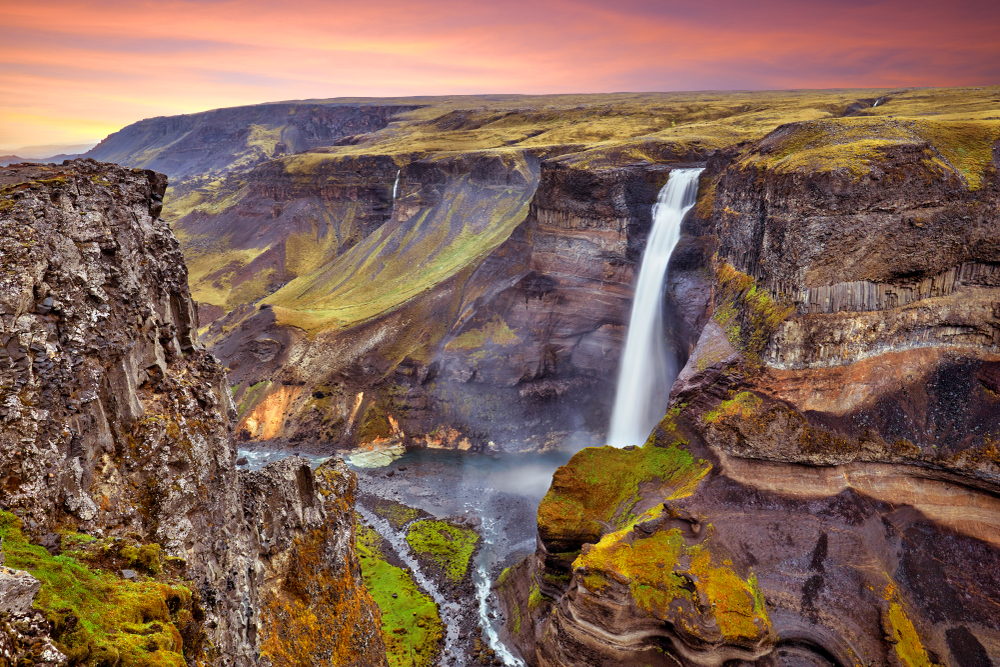 Haifoss Waterfall at sunset in iceland