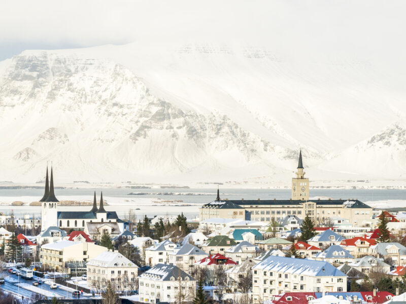 A snow topped Mount. Esja dominating the background of Reykjavik. 