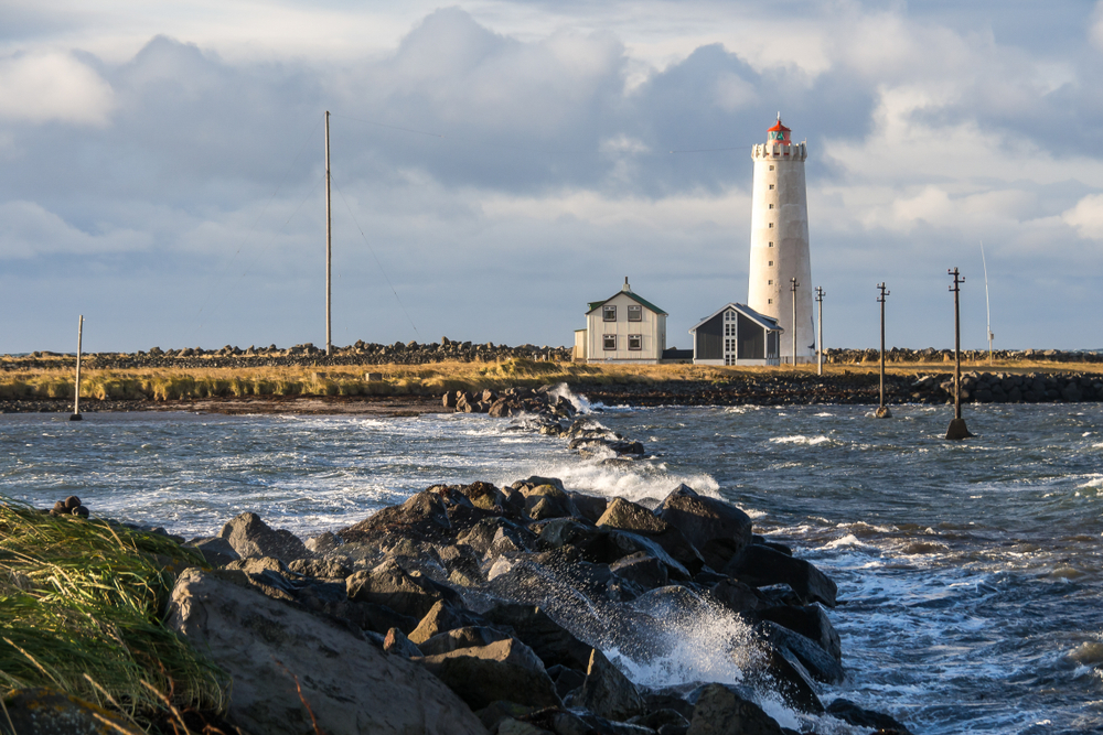 The Grotta Island Lighthouse on the shore of the Seltjarnarnes Peninsula.