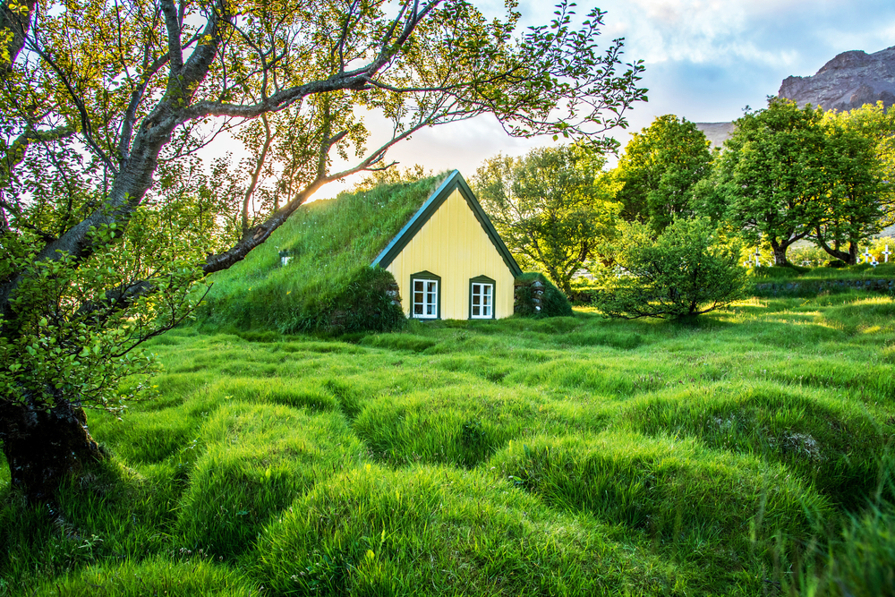 Turf covered house in a field of grass.