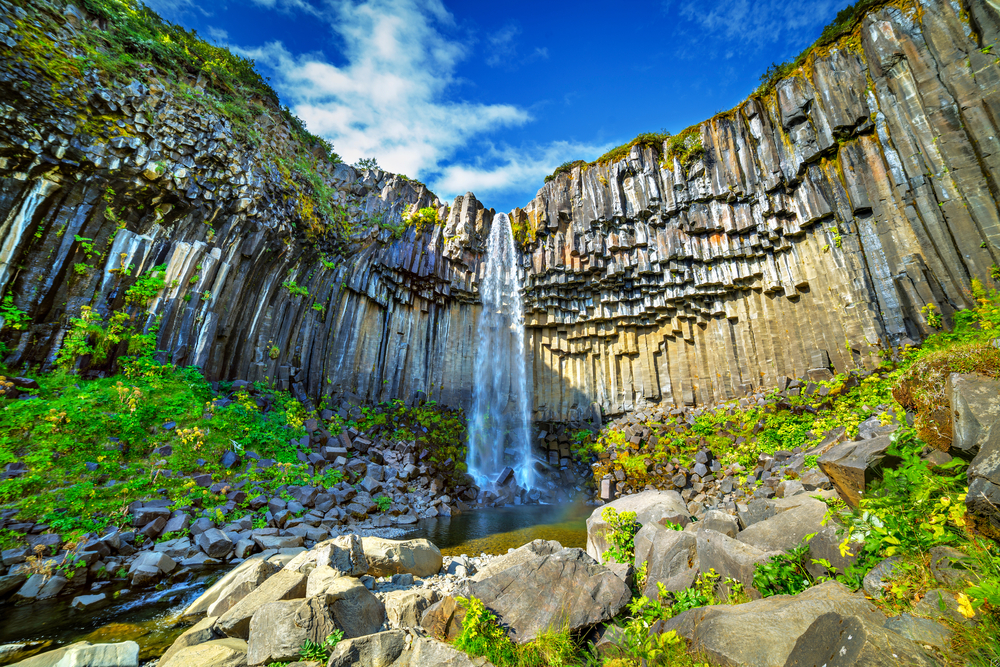 basalt rocks and waterfalls in iceland