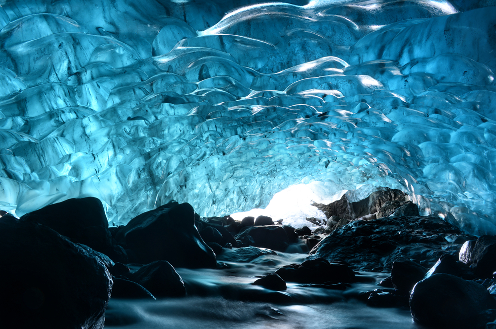 Inside an ice cave in Iceland during winter.