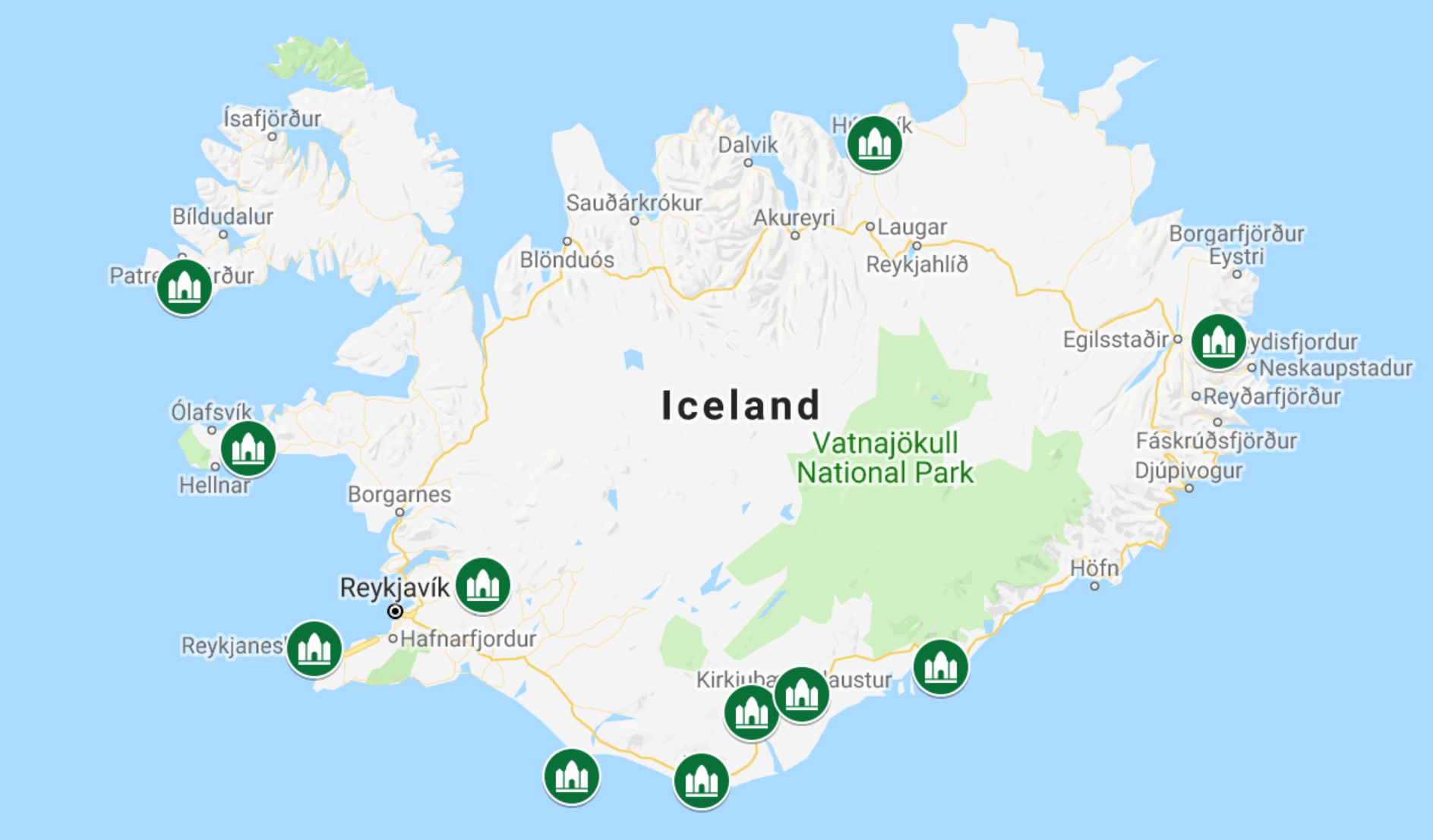 Map of the prettiest churches in Iceland you must see