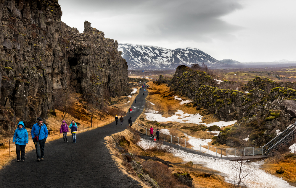 tourists at Thingvellir National Park along the Golden Circle Iceland