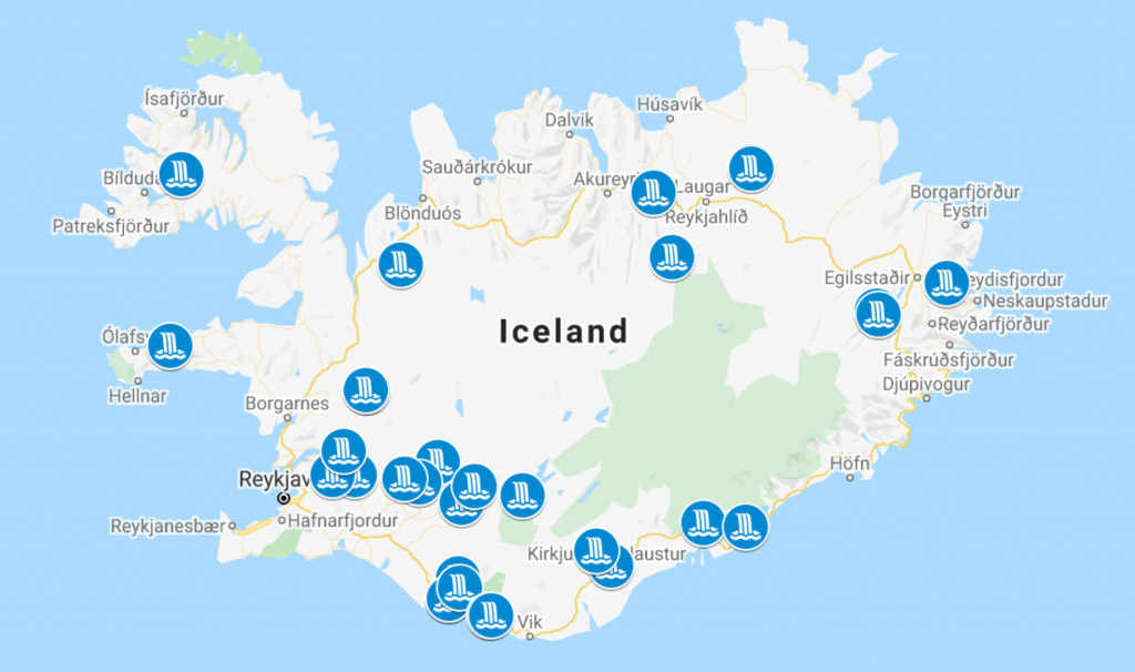 Map of the best waterfalls in Iceland