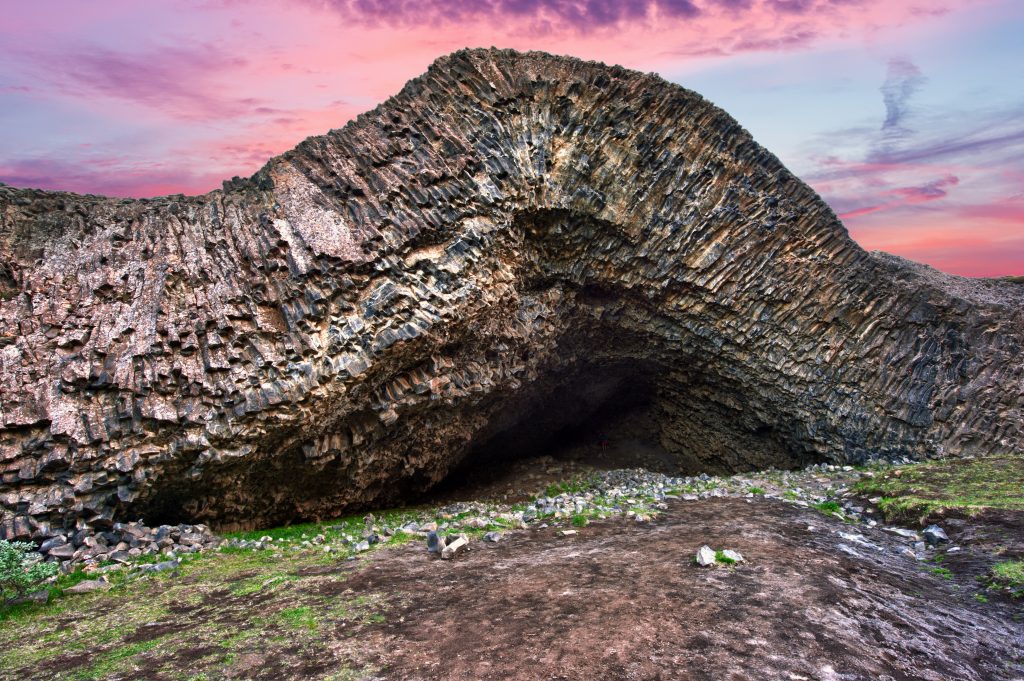 cave and sunset at hljodaklettar north iceland