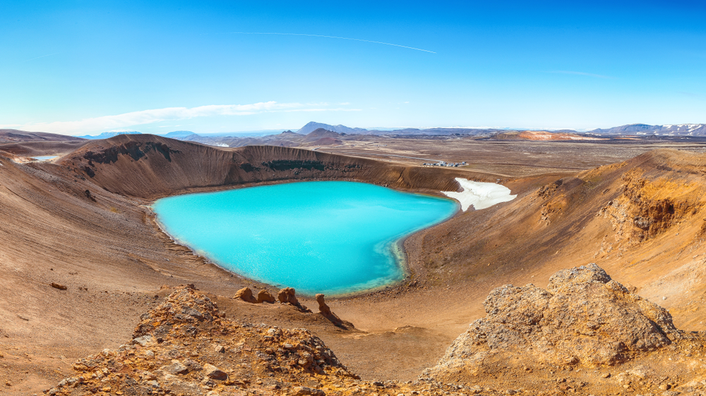 Bright blue water at viti crater north Iceland