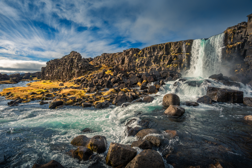 the stunning waterfall of thingvellir, one of the many national parks in iceland