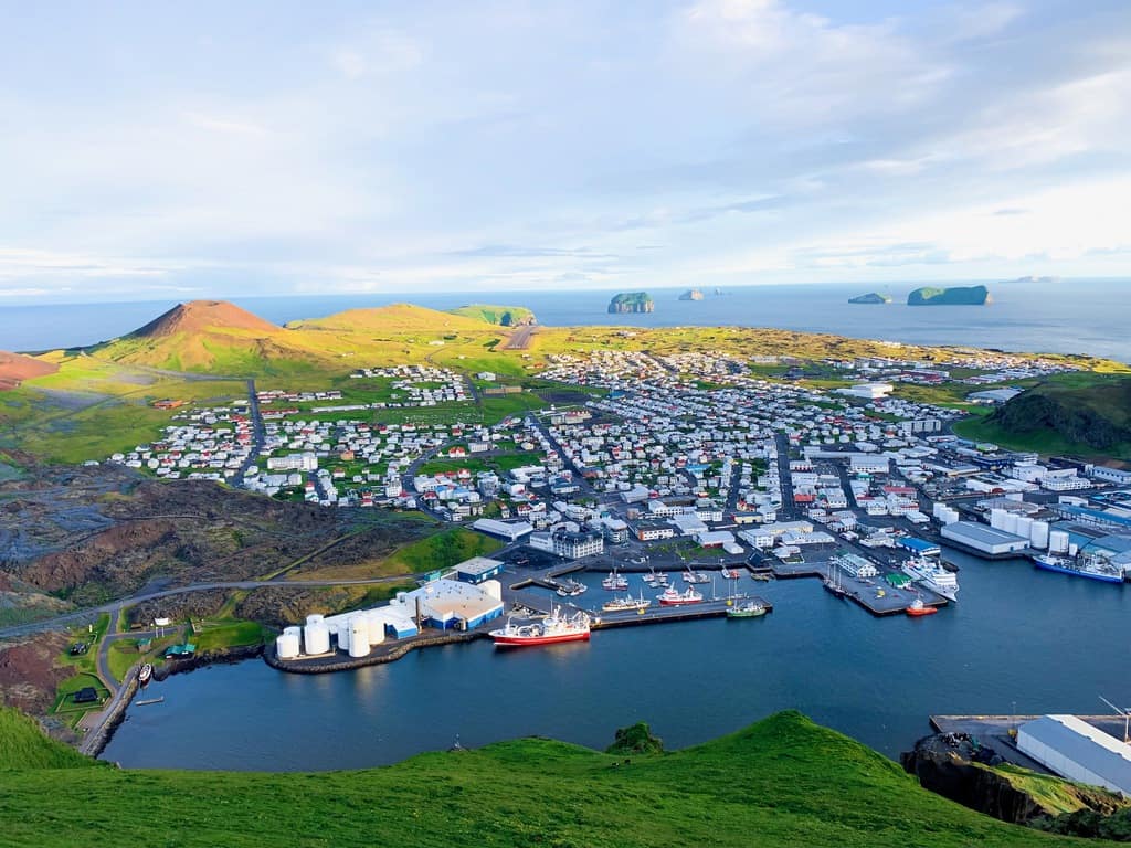 view of the city and people in the westman islands Iceland