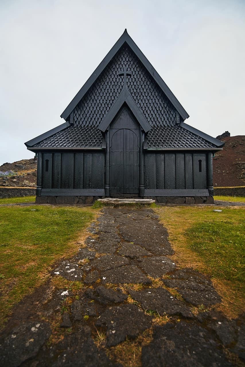 moody black stave church in Iceland