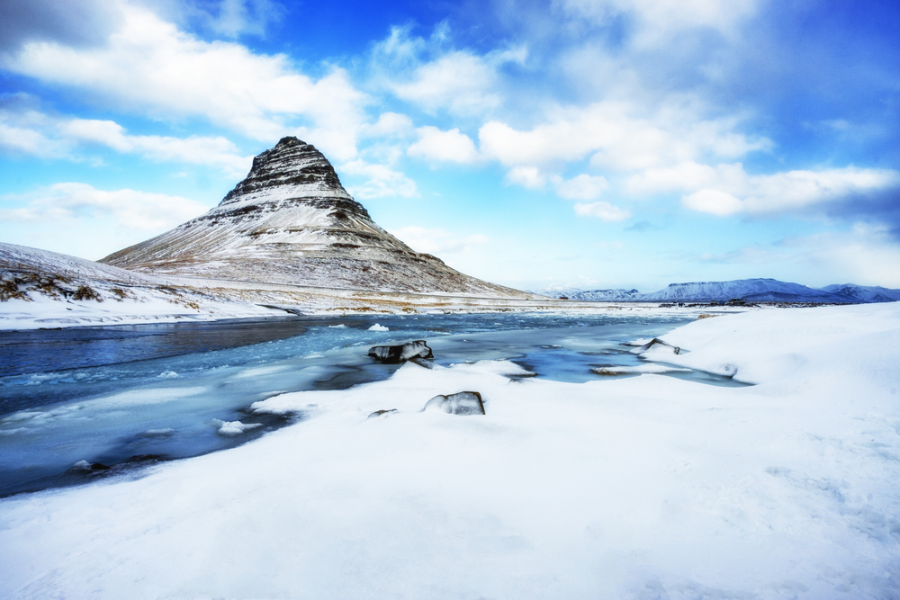 snow covered Kirjufell mountain in Iceland in winter