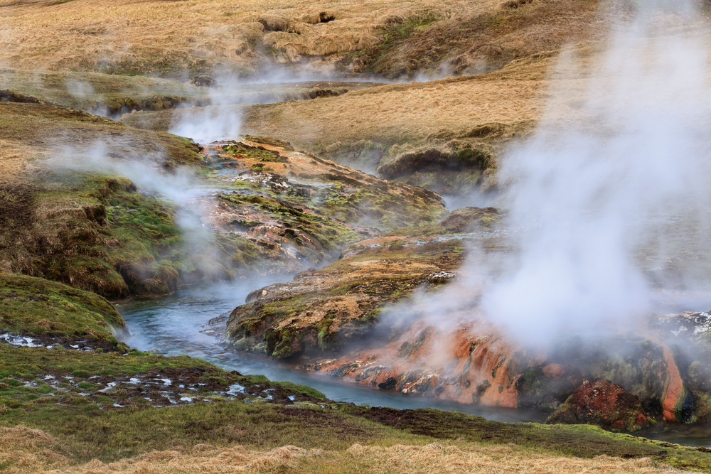 Steam rising from the Reykjadalur Hot Springs.