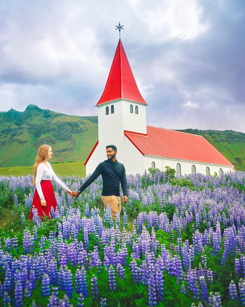 couple walking hand-in-hand through lupine field near read roof church