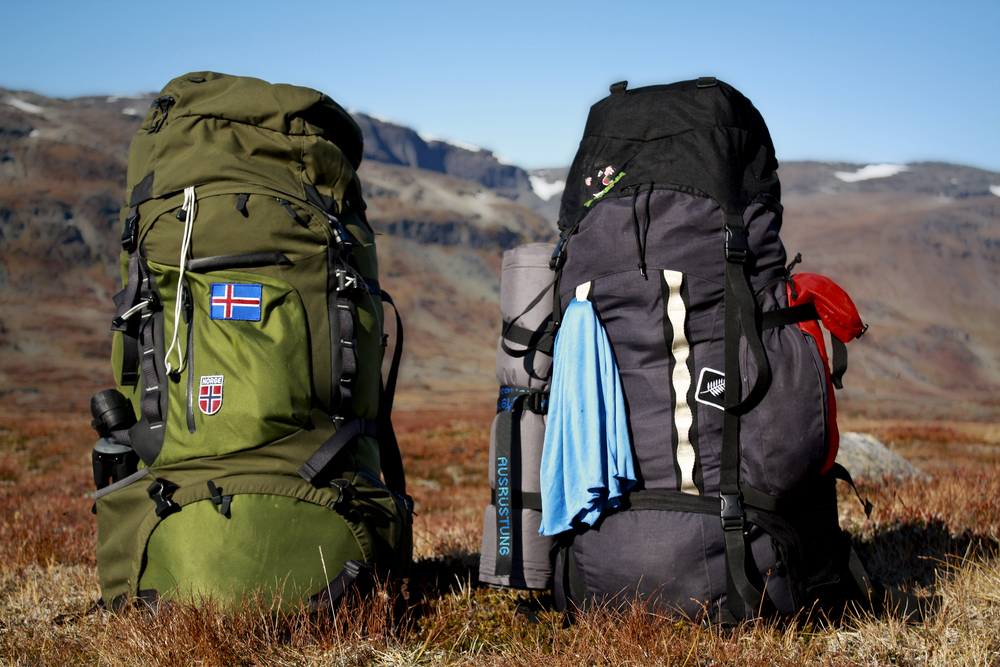 Two large camping backpacks sitting in a nature landscape.