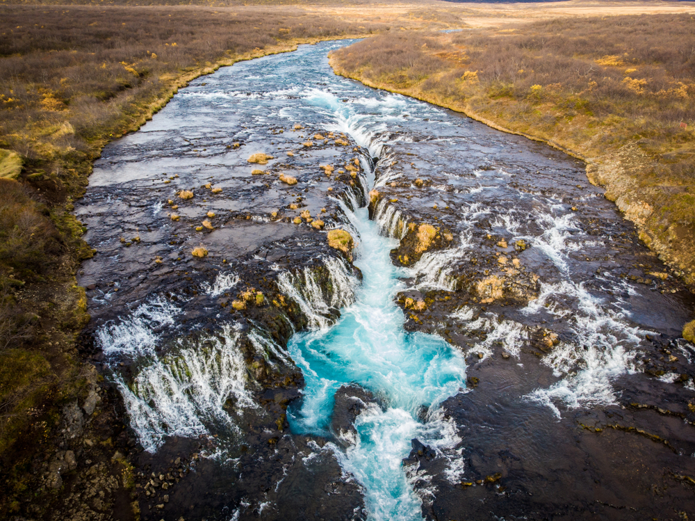 Drone shot of Bruarfoss Waterfall.