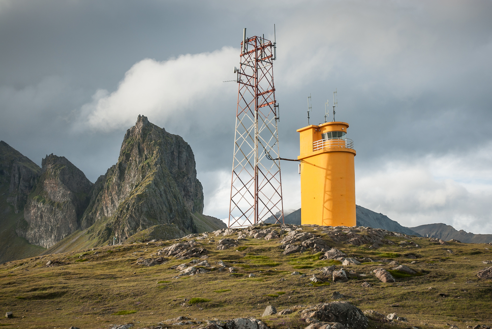 This lighthouse stands out against the landscape.