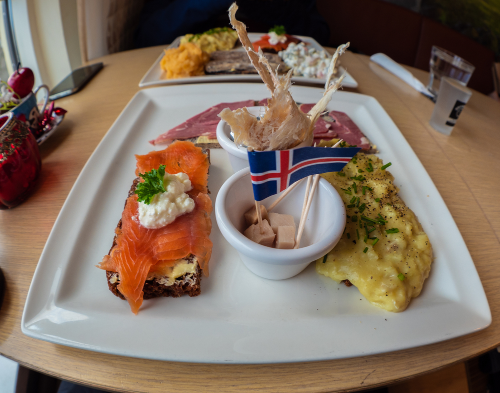 plate of food with a little Icelandic flag in it at Cafe Loki in Reykjavik