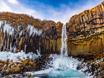 svartifoss waterfall with melting snow during iceland in march