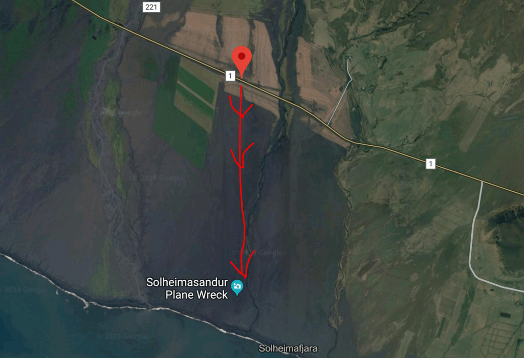 map of hike to plane crash in iceland