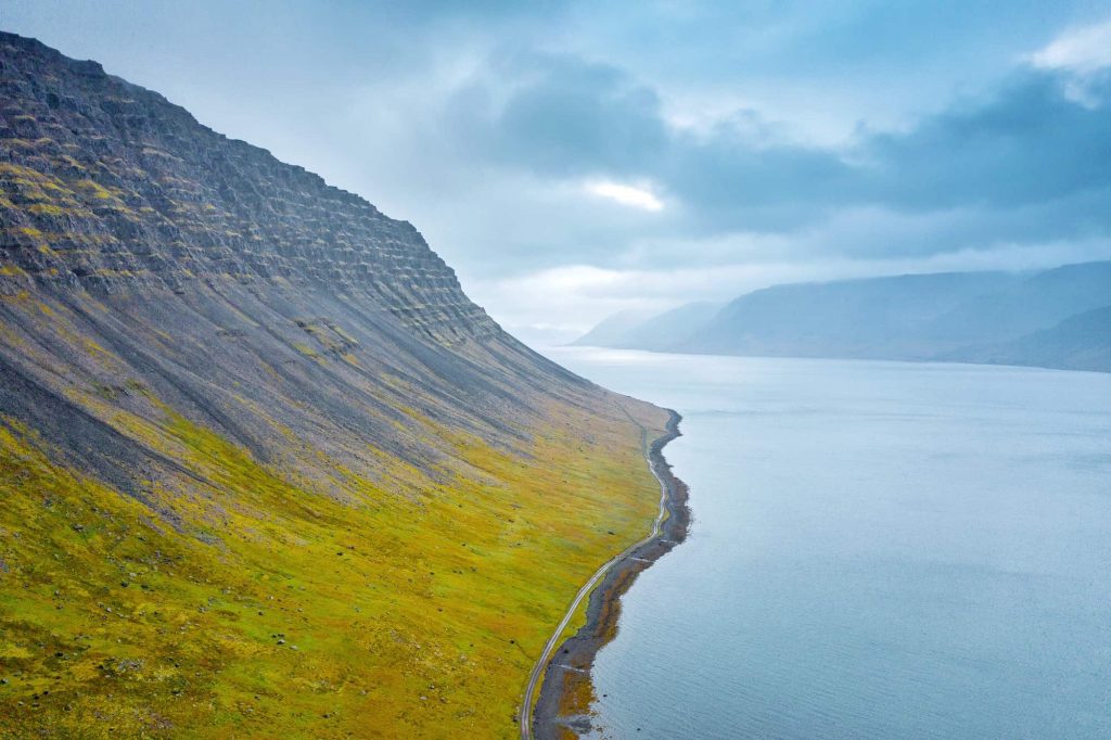 drone image of the westfjords on a cloudy day