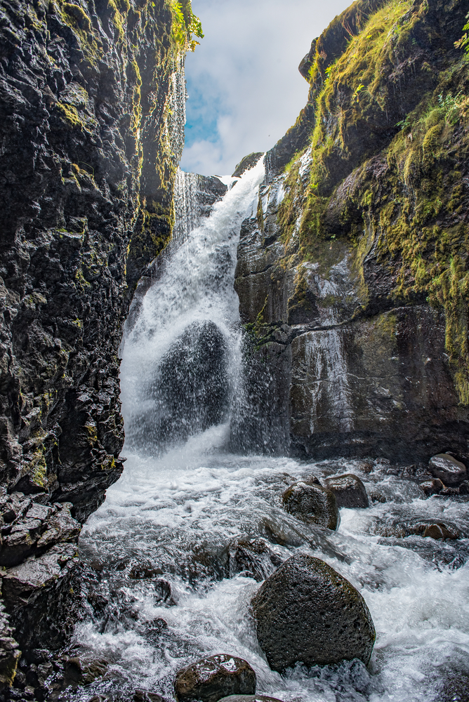 Iceland Canyon Stakkholtsgja Canyon with raging waterfall falling into river below