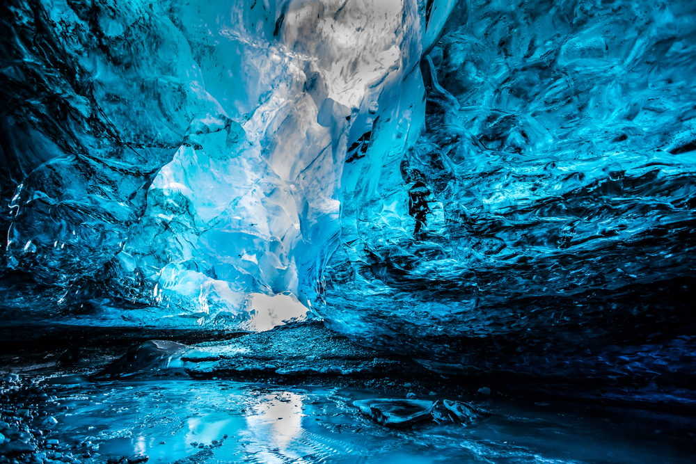 A beautiful, bright blue ice cave in Iceland.