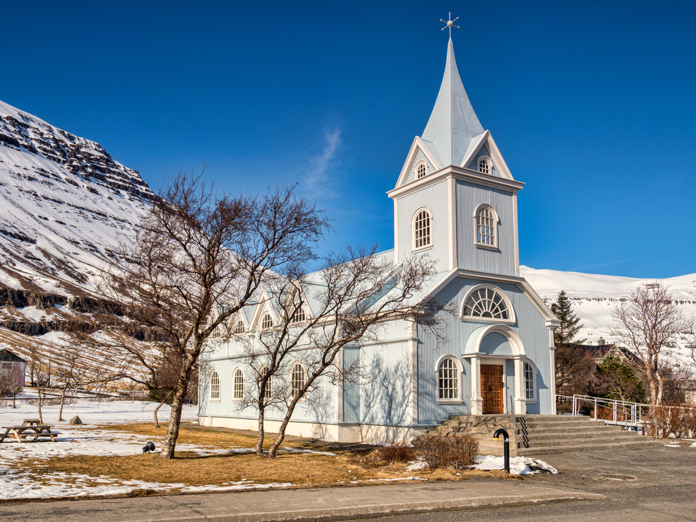 The blue church in Seydisfjordur in east Iceland.