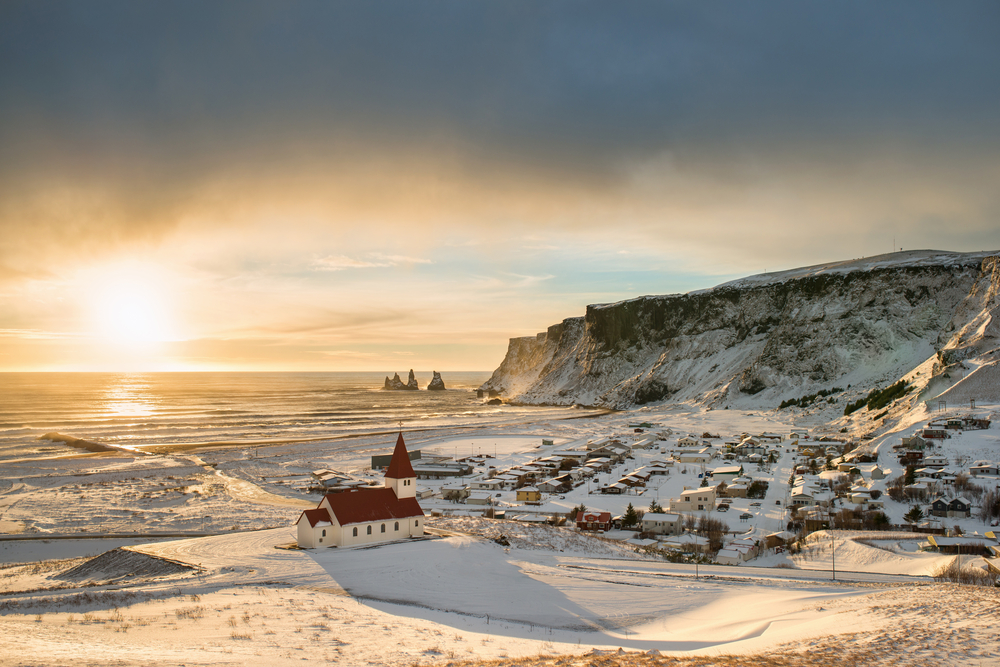 Overlooking the Vik church and town with snow and beautiful golden light.