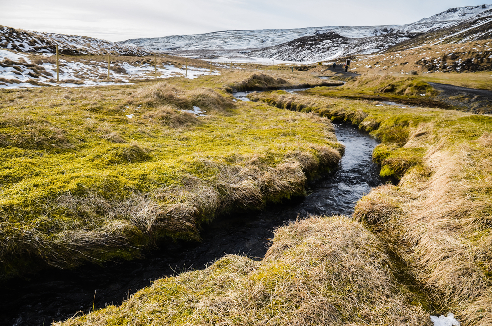 A brook running through the landscape in Thingvellir. The grass is brown and a bit green and in the distance you can see large patches of snow on the ground. 