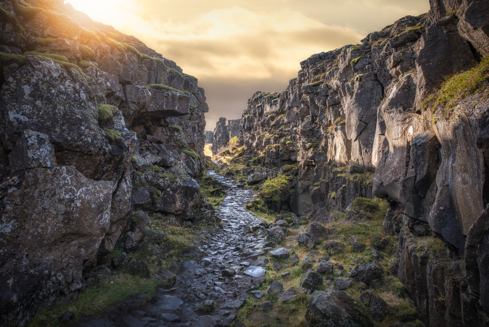 Looking down a stone and rock path in between two tectonic plates that are sticking up out of the Earth's crust. The stone is a dark gray and there is moss growing on it. One of the best things to do in Thingvellir National Park. 