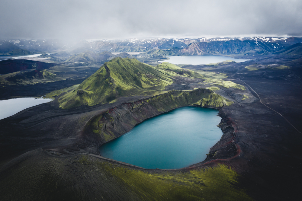 Overcast, aerial shot of the lake in Hnausapollur.