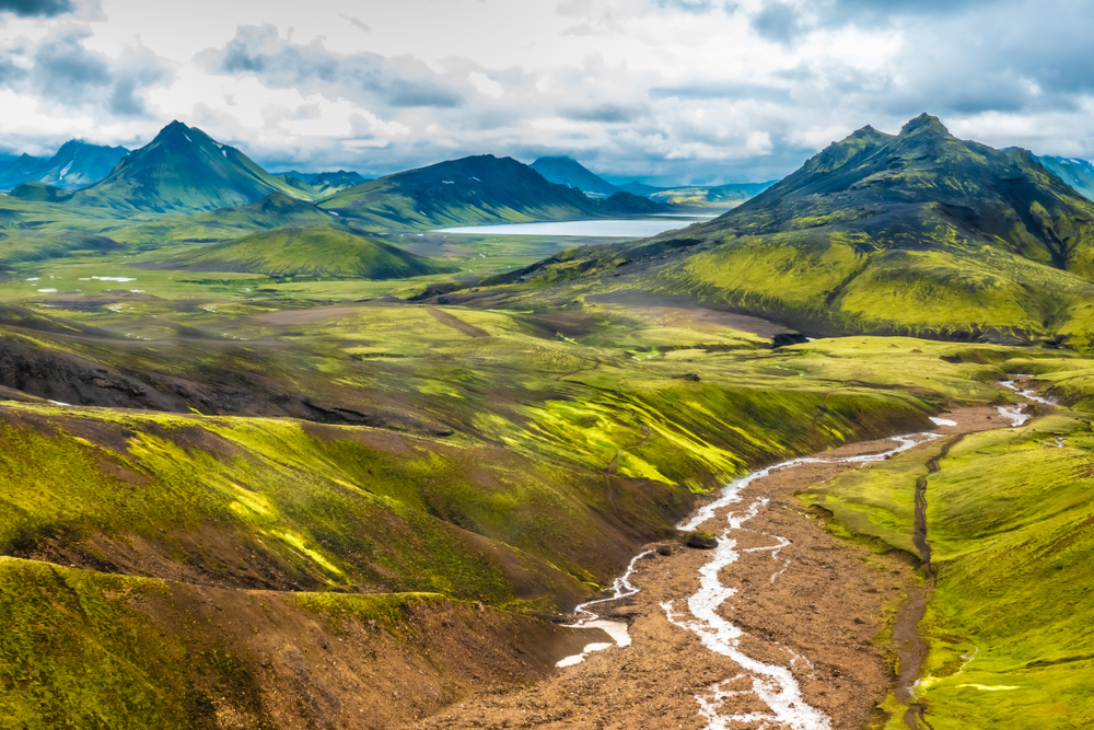 Green and brown mountains in the highlands in Iceland.