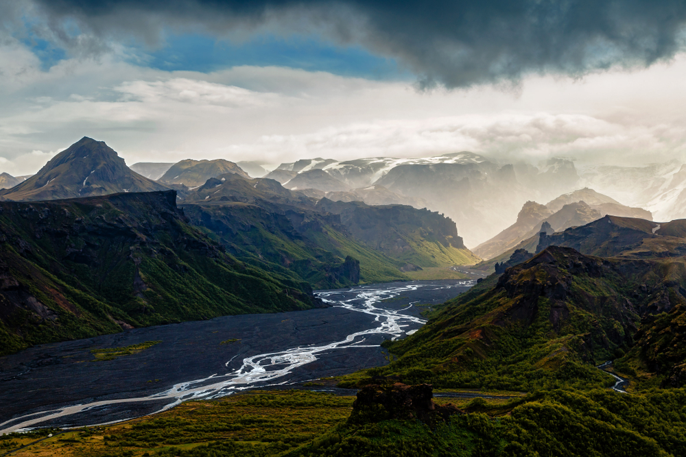 The rugged landscape of Thorsmork with low clouds.