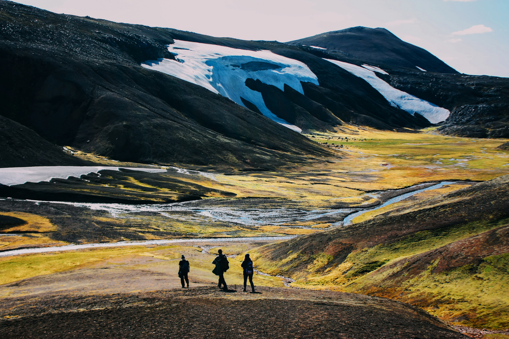 Group of hikers on a tour in the highlands in Iceland.