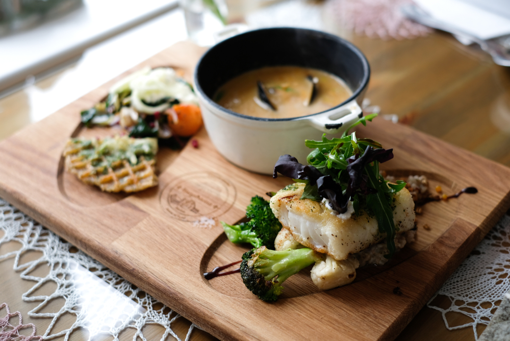 Icelandic food on a plate with soup and fish