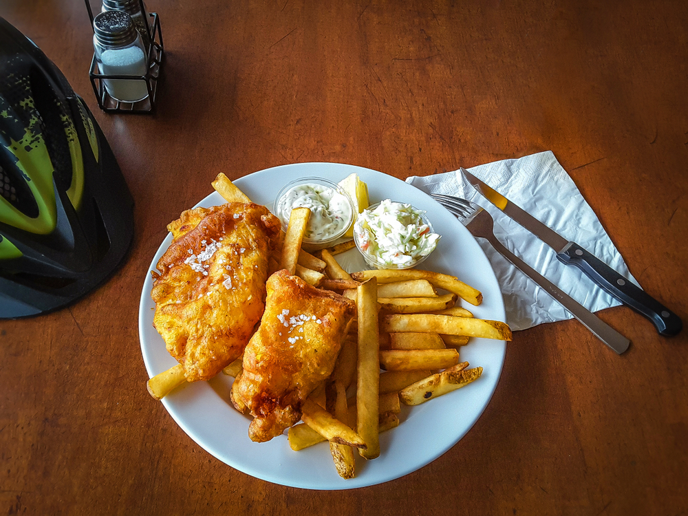 Fish and chips on a plate in an article about restaurants in Iceland