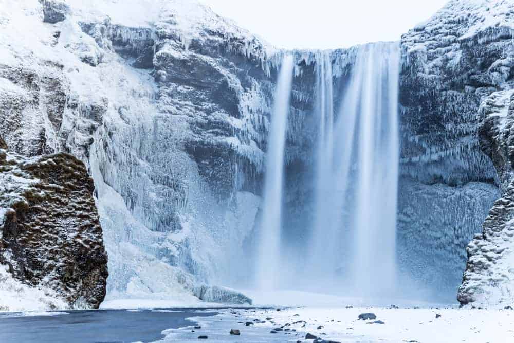 Skogafoss waterfall in Iceland covered in ice and snow 