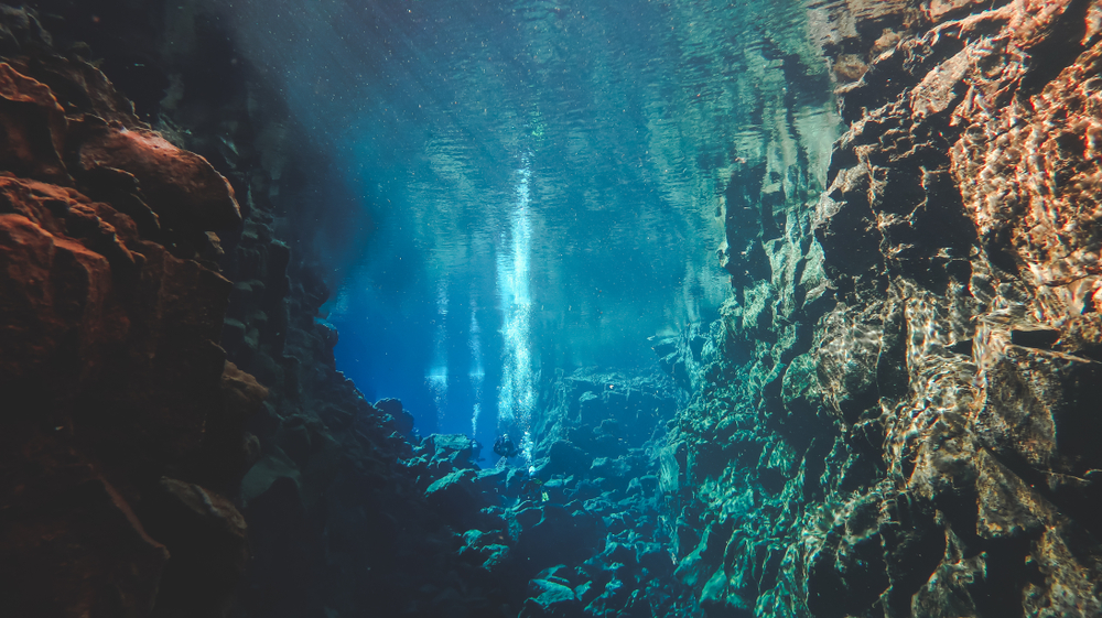 Iceland's Silfra fissure Divers bubbles float to the top of the fissure from 18 meters below.