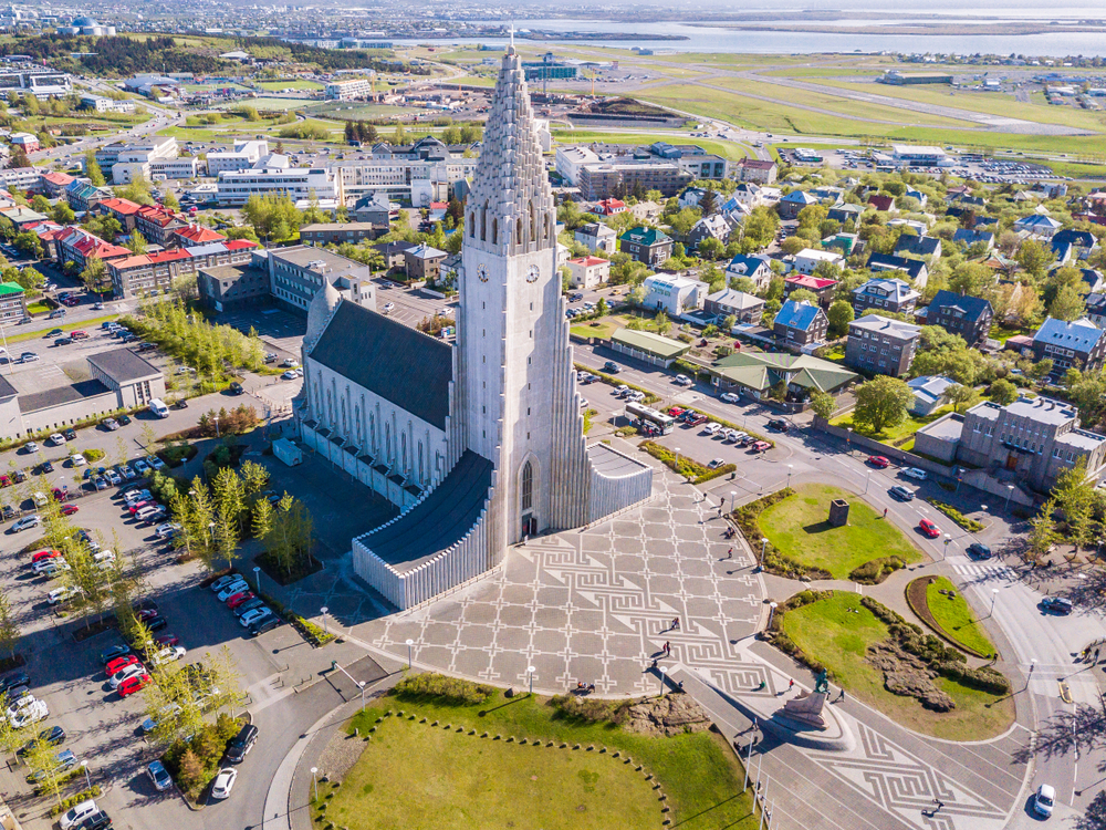 an aerial view of Reykjavik and the Hallgrimskirkja church downtown