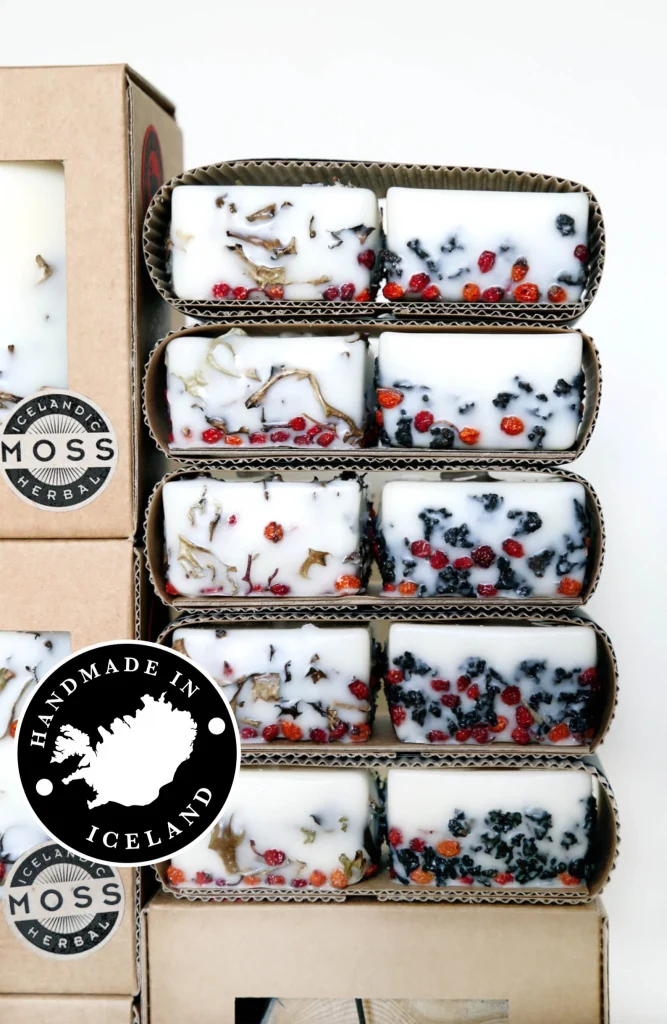 A collection of soy soap that has moss, berries and lava beads in it.